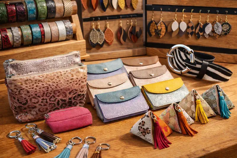 Petite maroquinerie en cuir pour femme - portefeuilles, porte-monnaie, porte-clés, bracelets et boucles d'oreilles artisanaux. 