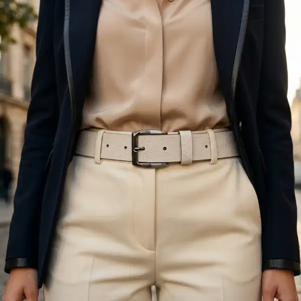 Ceinture brute en cuir blanche, largeur 35 mm, boucle canon fusil. Fabriquée artisanalement en France, dans notre atelier en Vendée. Portée.