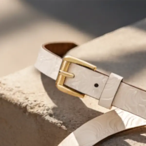 Ceinture brute en cuir beige, largeur 20 mm, boucle dorée. Fabriquée artisanalement en France, dans notre atelier en Vendée. Détails.