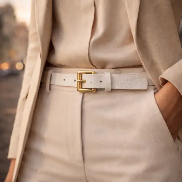 Ceinture brute en cuir blanche, largeur 20 mm, boucle dorée. Fabriquée artisanalement en France, dans notre atelier en Vendée. Portée.