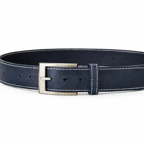 Ceinture en cuir pleine fleur bleu marine pour homme, piqûre décorative beige, largeur 40 mm, boucle argent satiné. Fabrication artisanale en France, Vendée. all.