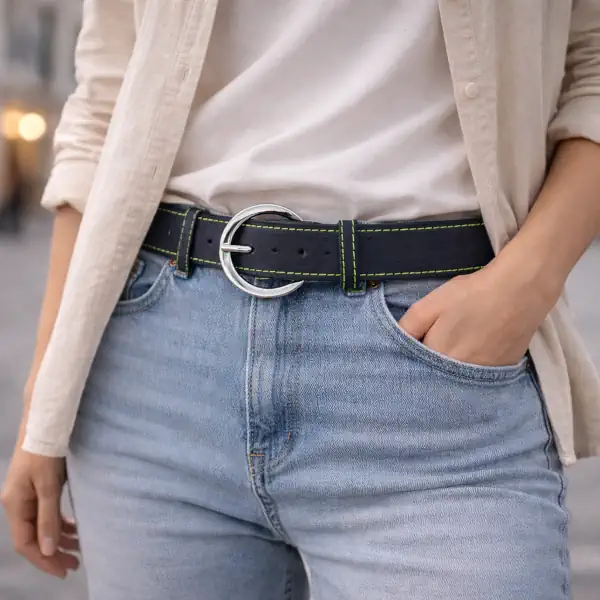 Ceinture en cuir pleine fleur bleu marine pour femme, piqûre décorative verte, largeur 30 mm, boucle argent brillant. Fabrication artisanale en France, jean.