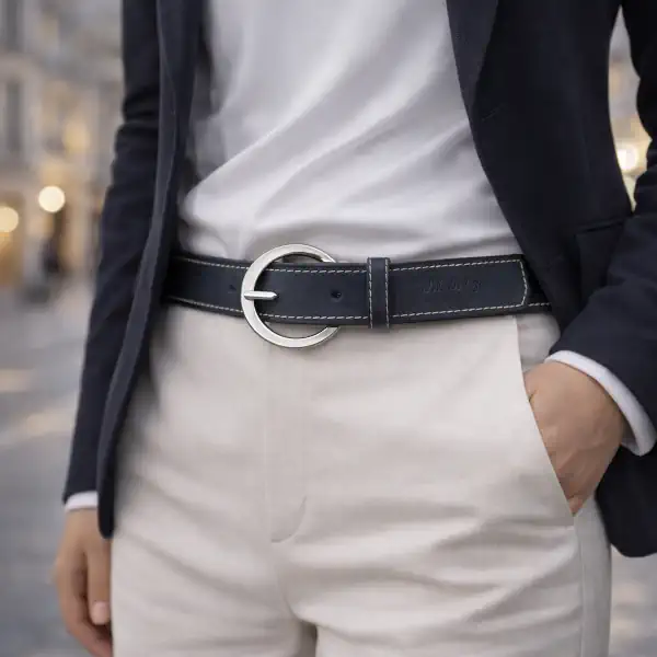 Ceinture en cuir pleine fleur bleu marine pour femme, piqûre décorative verte, largeur 30 mm, boucle argent brillant. Fabrication artisanale en France, skirt.