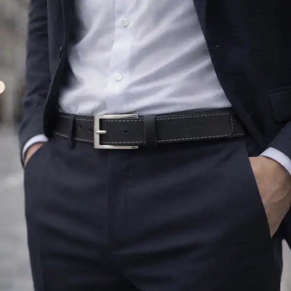 Ceinture piquée en cuir noir boucle argent satiné - 35 mm – Image 3