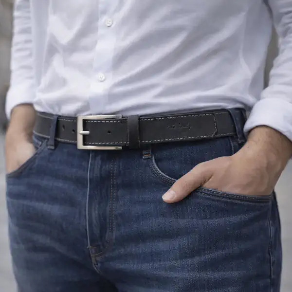 Ceinture piquée en cuir noir boucle argent satiné - 35 mm – Image 2