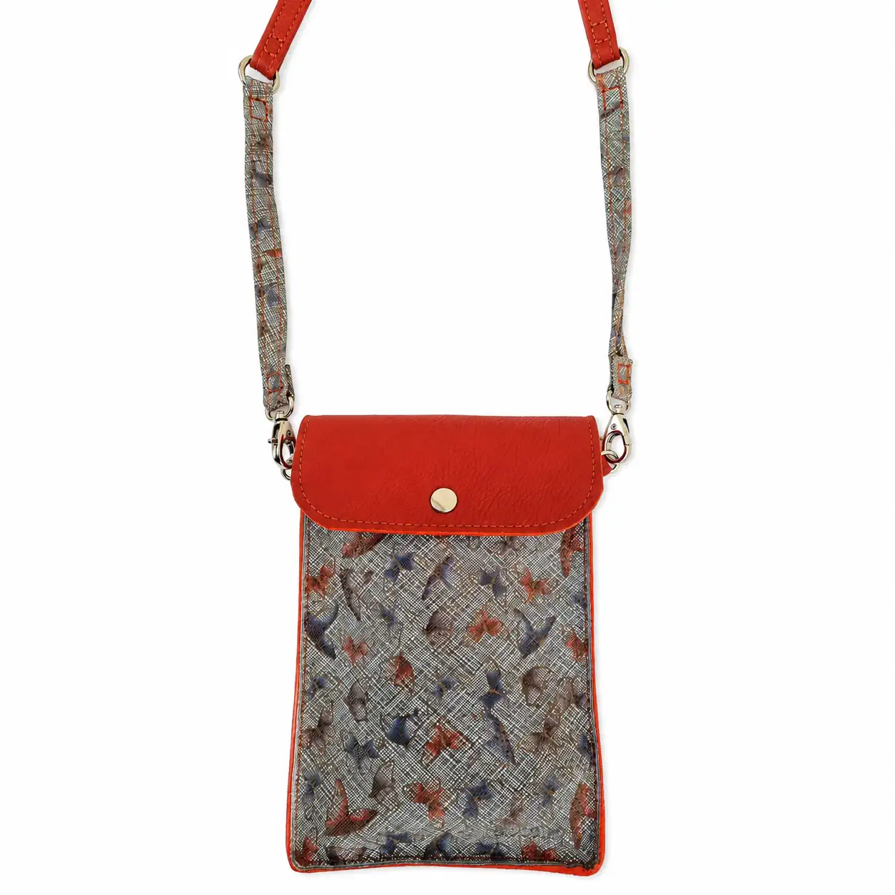 Pochette artisanale en cuir orange brique motif papillons, portée en bandoulière, fabrication française. (Bandoulière)