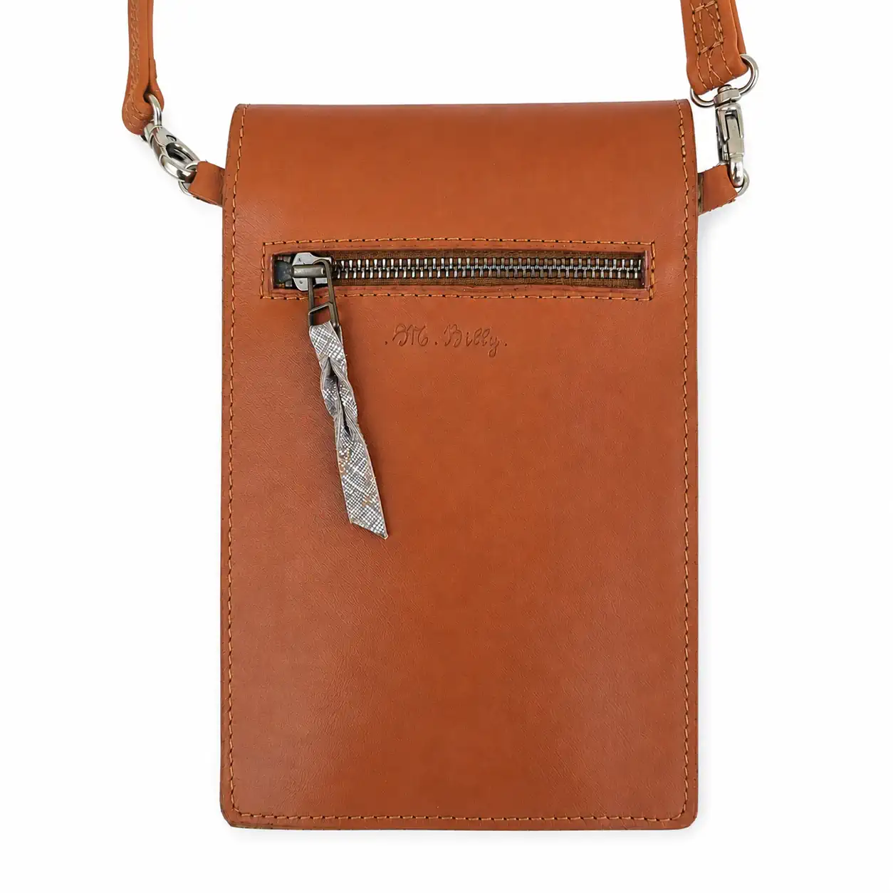 Pochette artisanale en cuir camel et gris à motifs papillons, avec bandoulière.