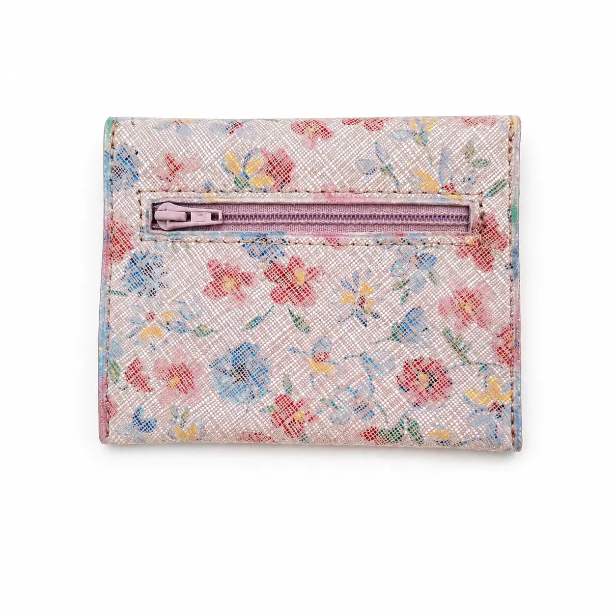 Dos du porte-monnaie artisanal en cuir rose pâle fleuri avec poche zippée