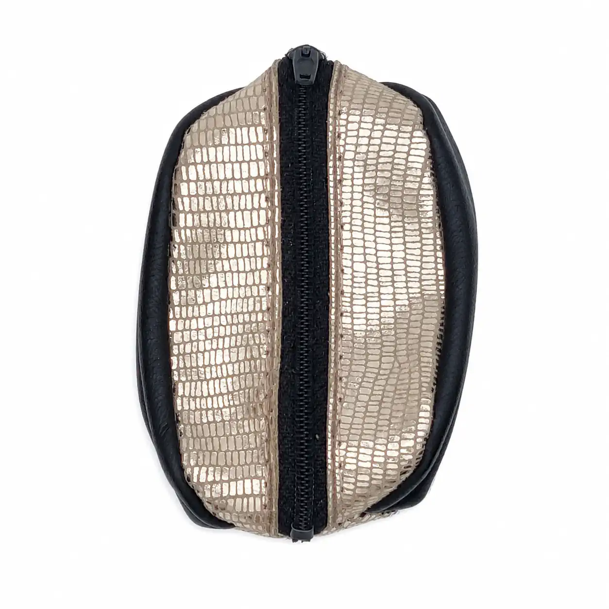Porte-monnaie artisanal en cuir noir et doré avec fermeture zippée centrale – vue de face