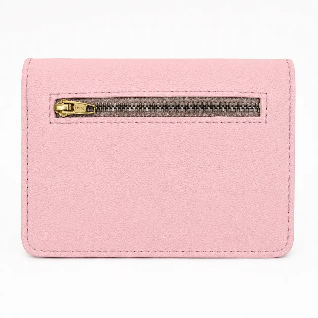 Portefeuille femme en cuir à rabats, format moyen, vue de dos. Trois cuirs différents : rose pâle, blanc à motifs floraux pastel et rose poudré pailleté.