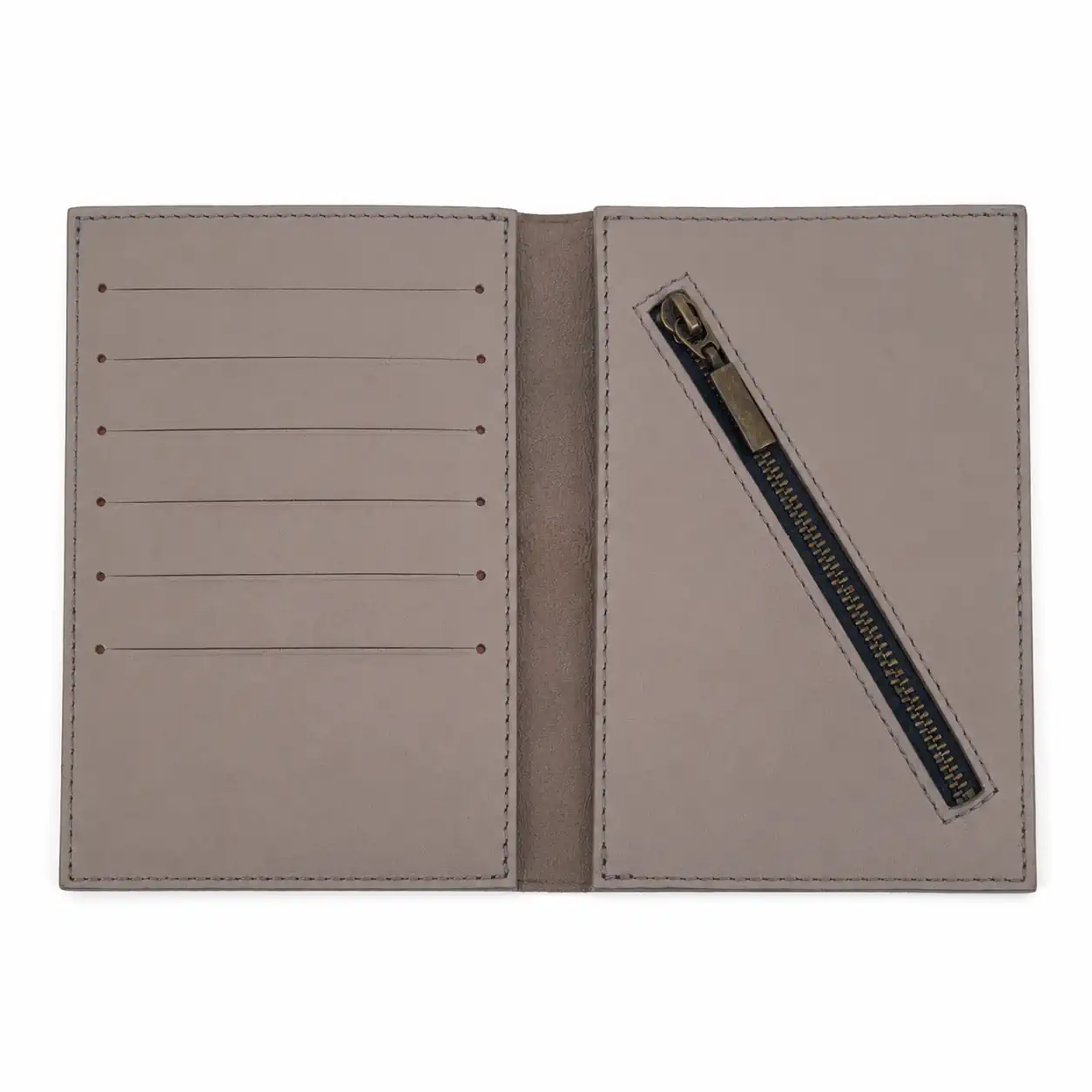 Intérieur portefeuille homme cuir de veau taupe avec 6 emplacements cartes et poche zippée