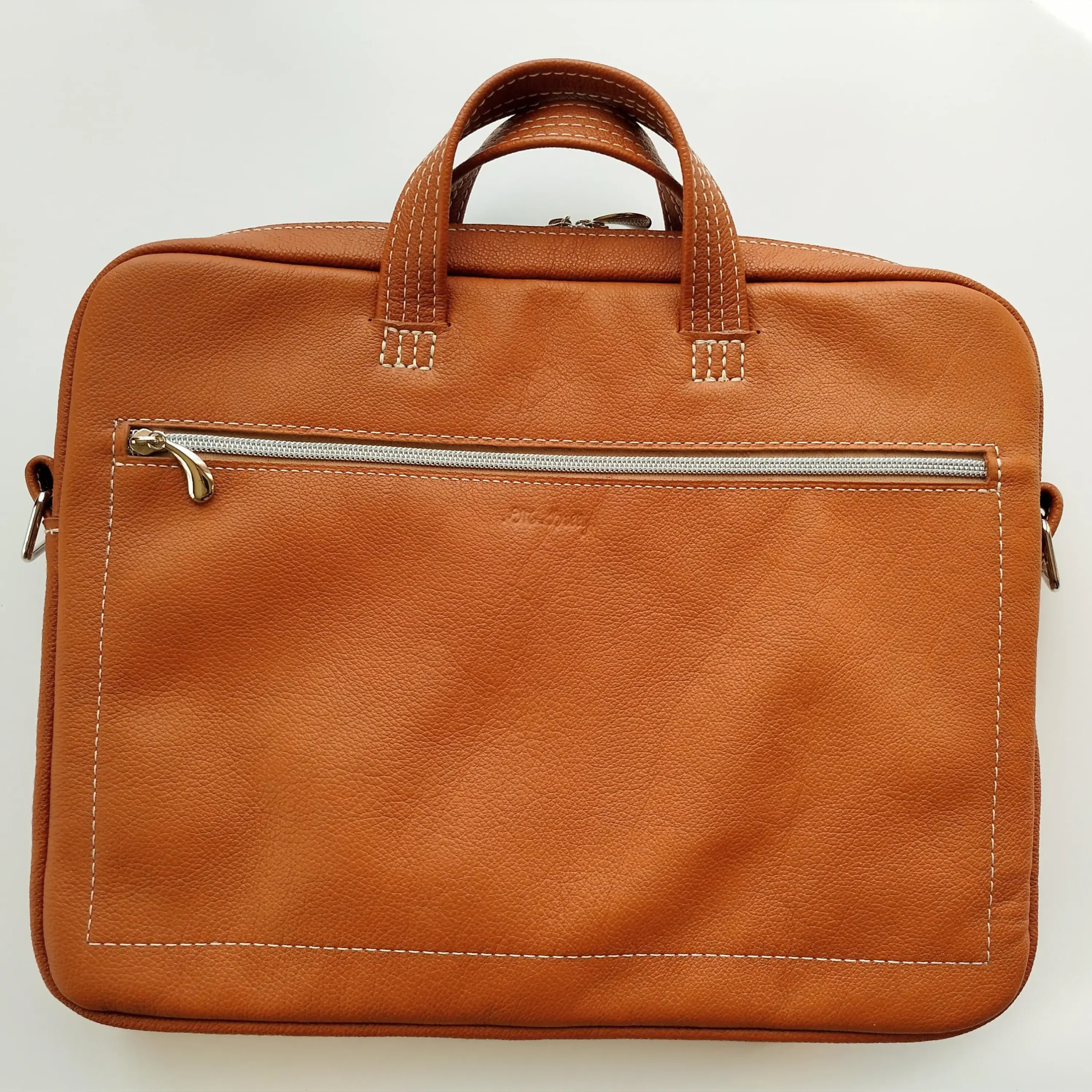 Sac ordinateur artisanal cuir pleine fleur camel - Pièce unique – Image 2