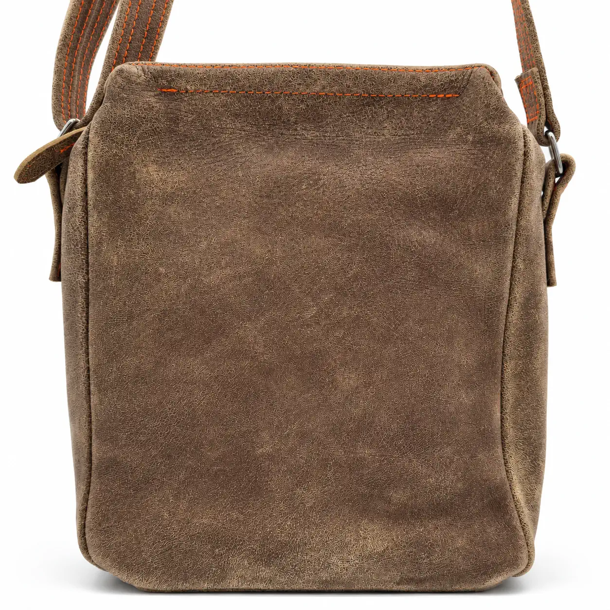 Sacoche homme compacte en cuir marron clair patiné avec piqûres orange, vue de dos, portée en bandoulière.