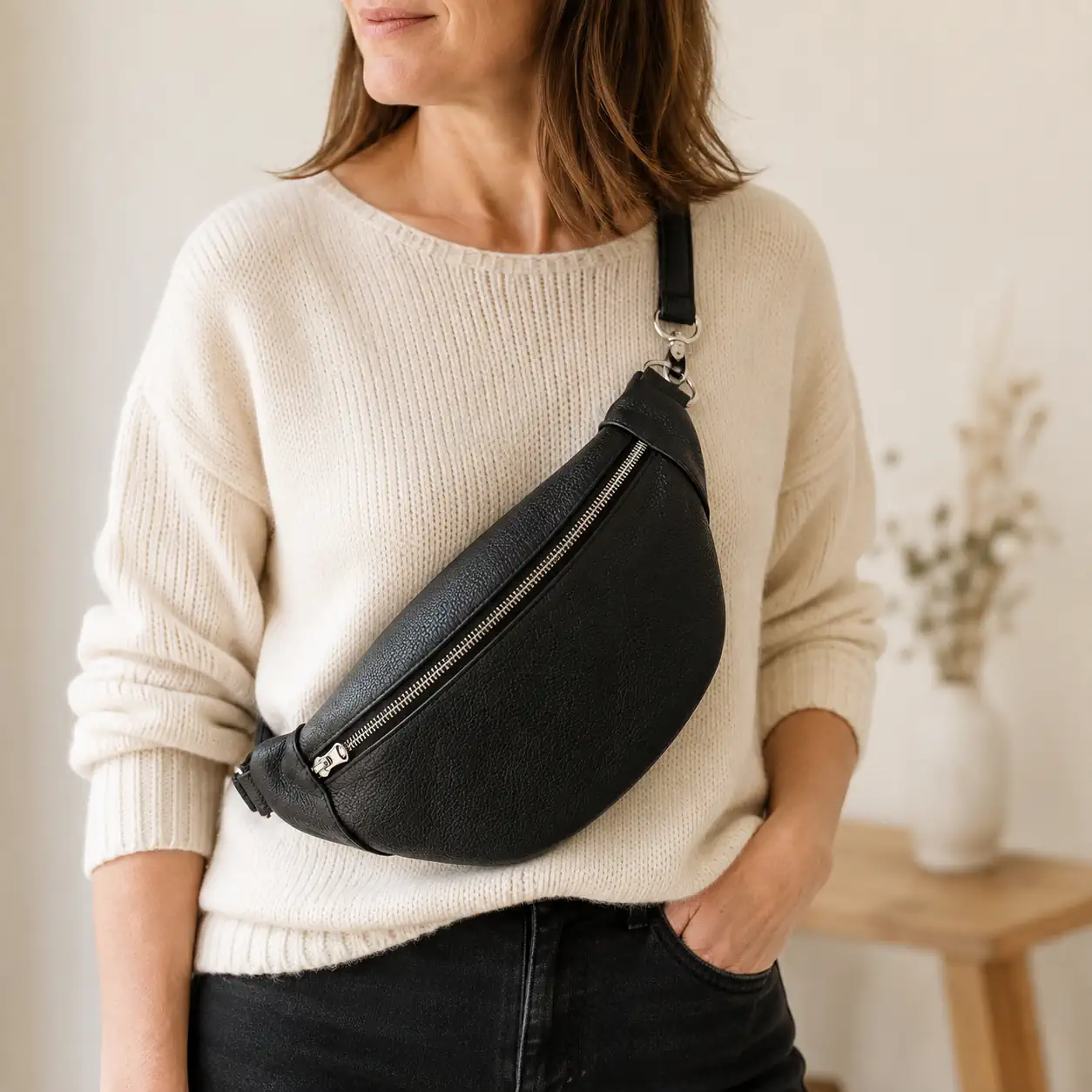 Banane en cuir noir portée en bandoulière